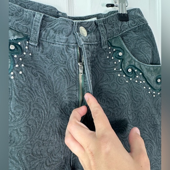 Rare Vintage Cache Embellished Dark Green Textured High Rise Mom Jeans Size 6 - Picture 4 of 13